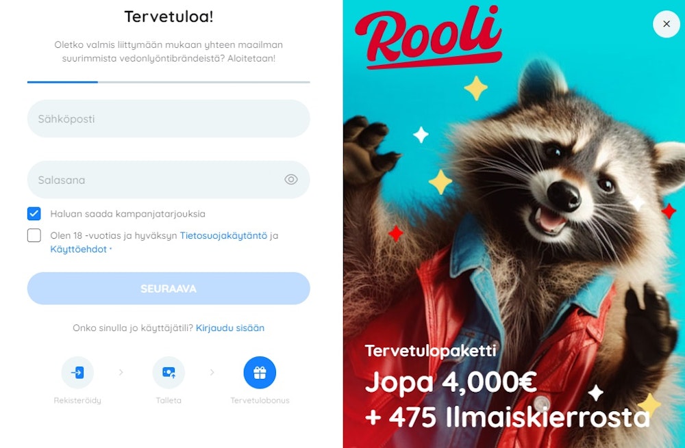 Rekisteröityminen Rooli kasinolle.