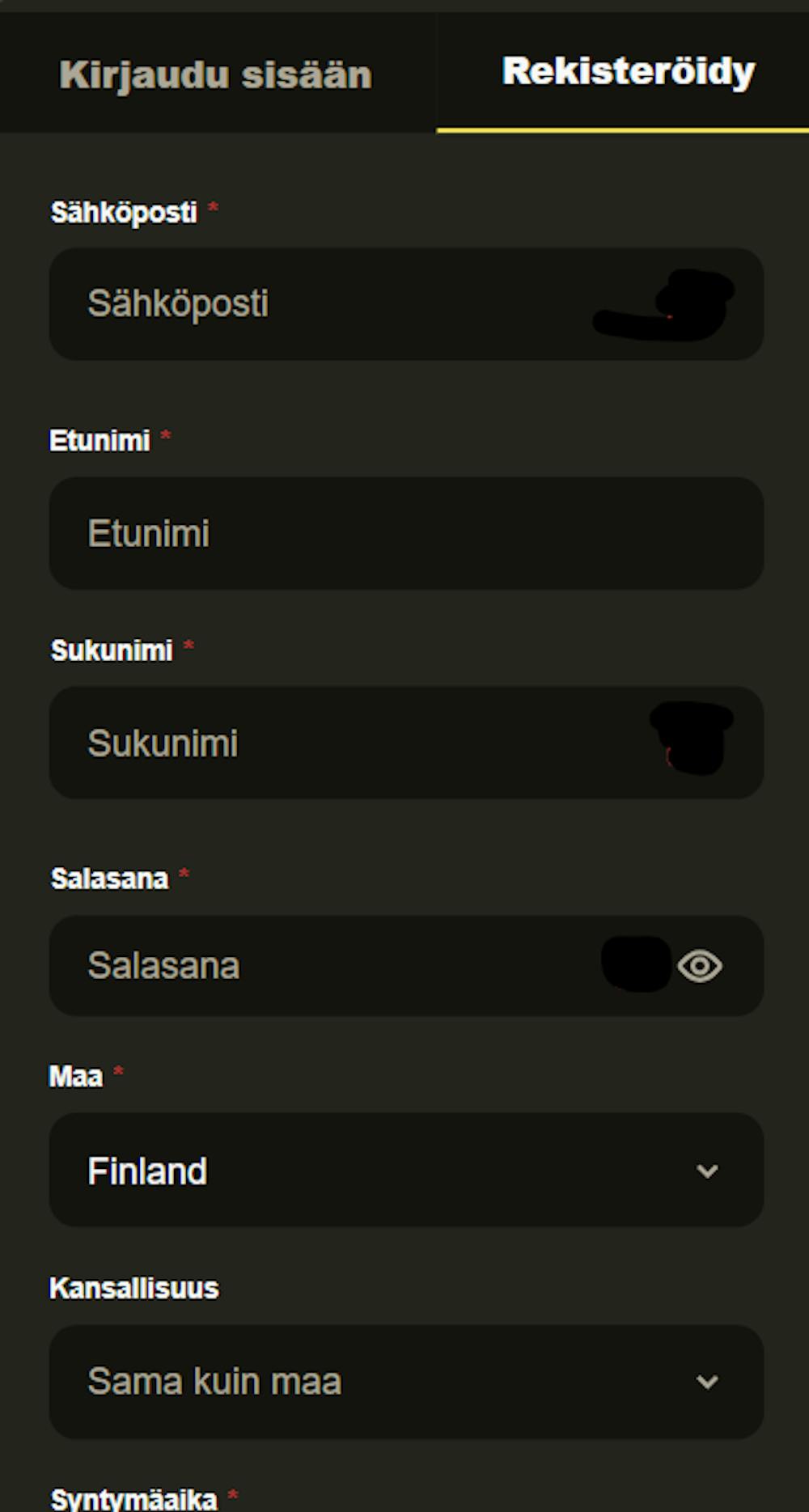 RX Casinon rekisteröitymislomake.
