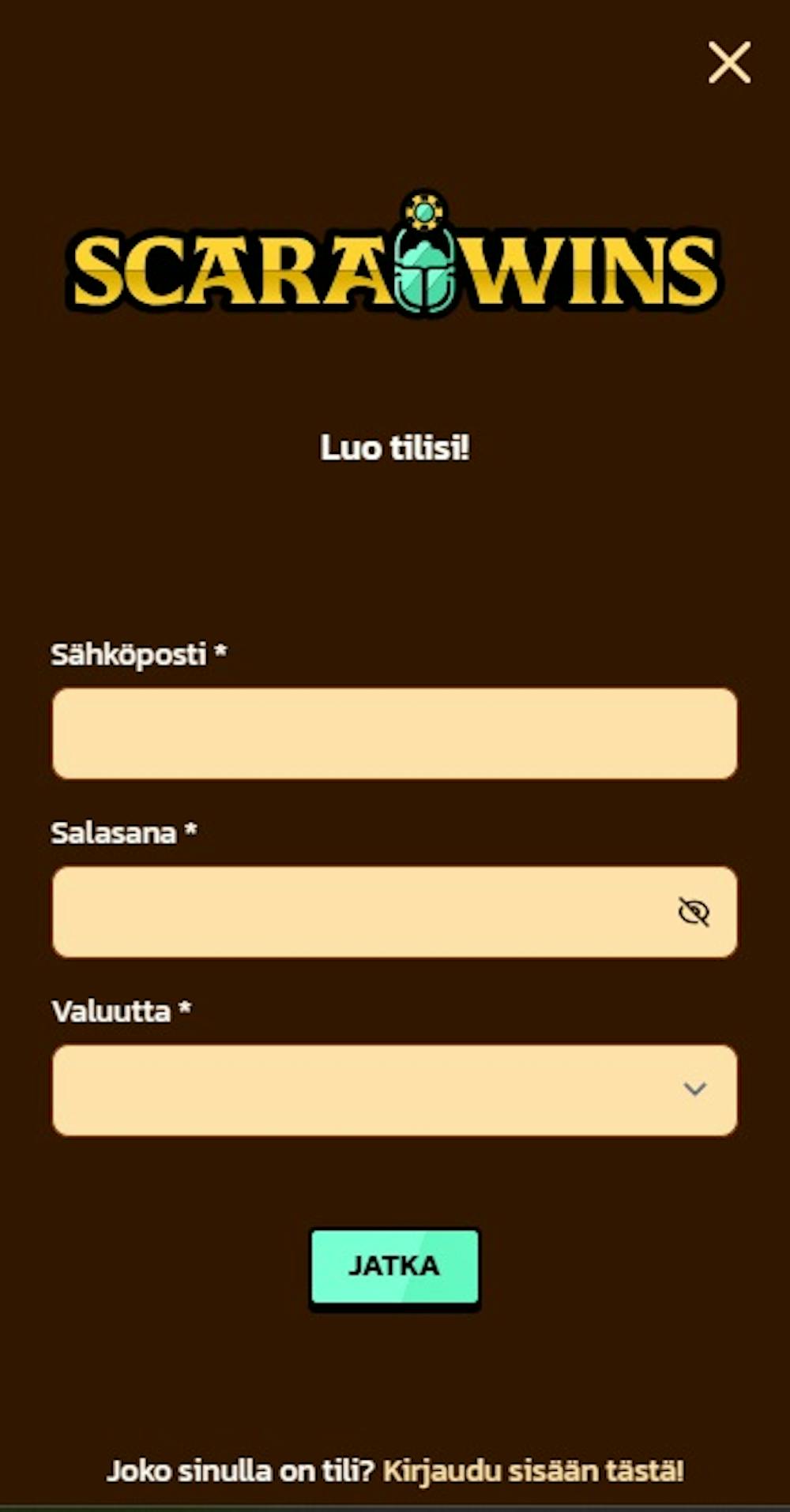 Pelitili Scarawins kasinolle avataan täyttämällä rekisteröitymislomake.