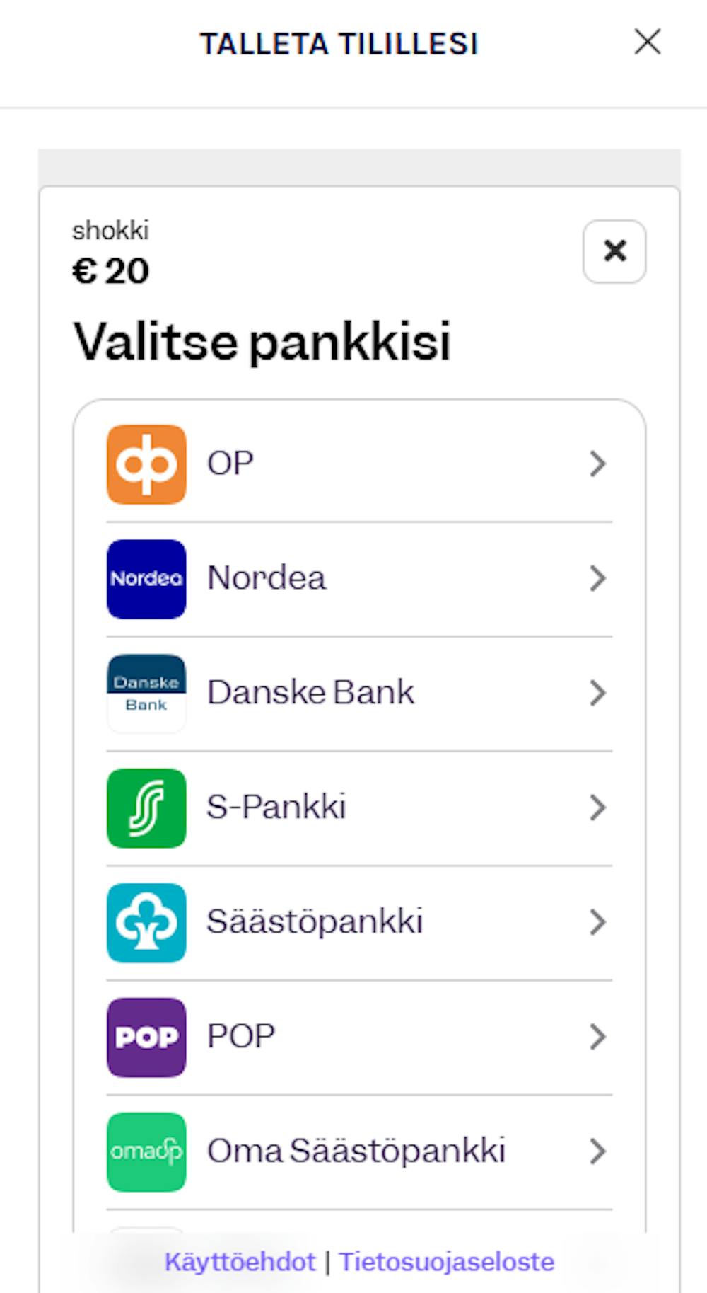 Shokki kasinolle pankkien kautta.