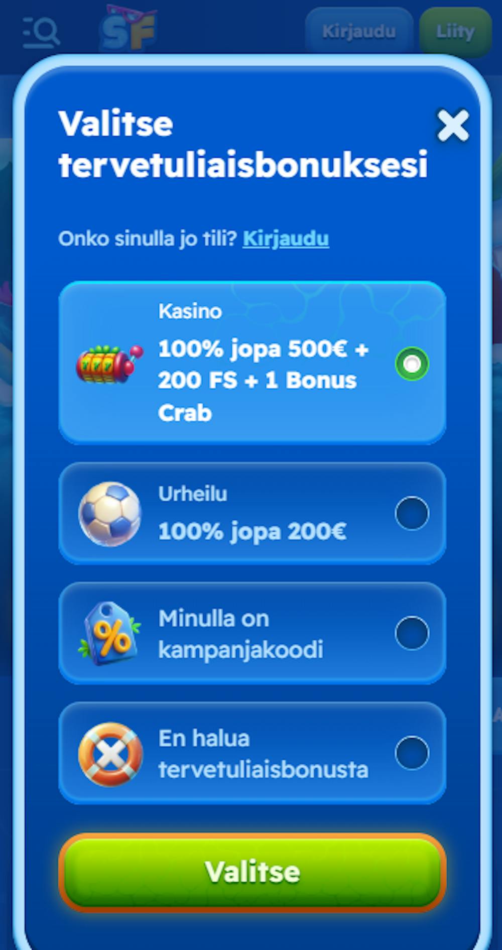 Spinfest kasinolle rekisteröityminen alkaa valitsemalla sopiva bonus.