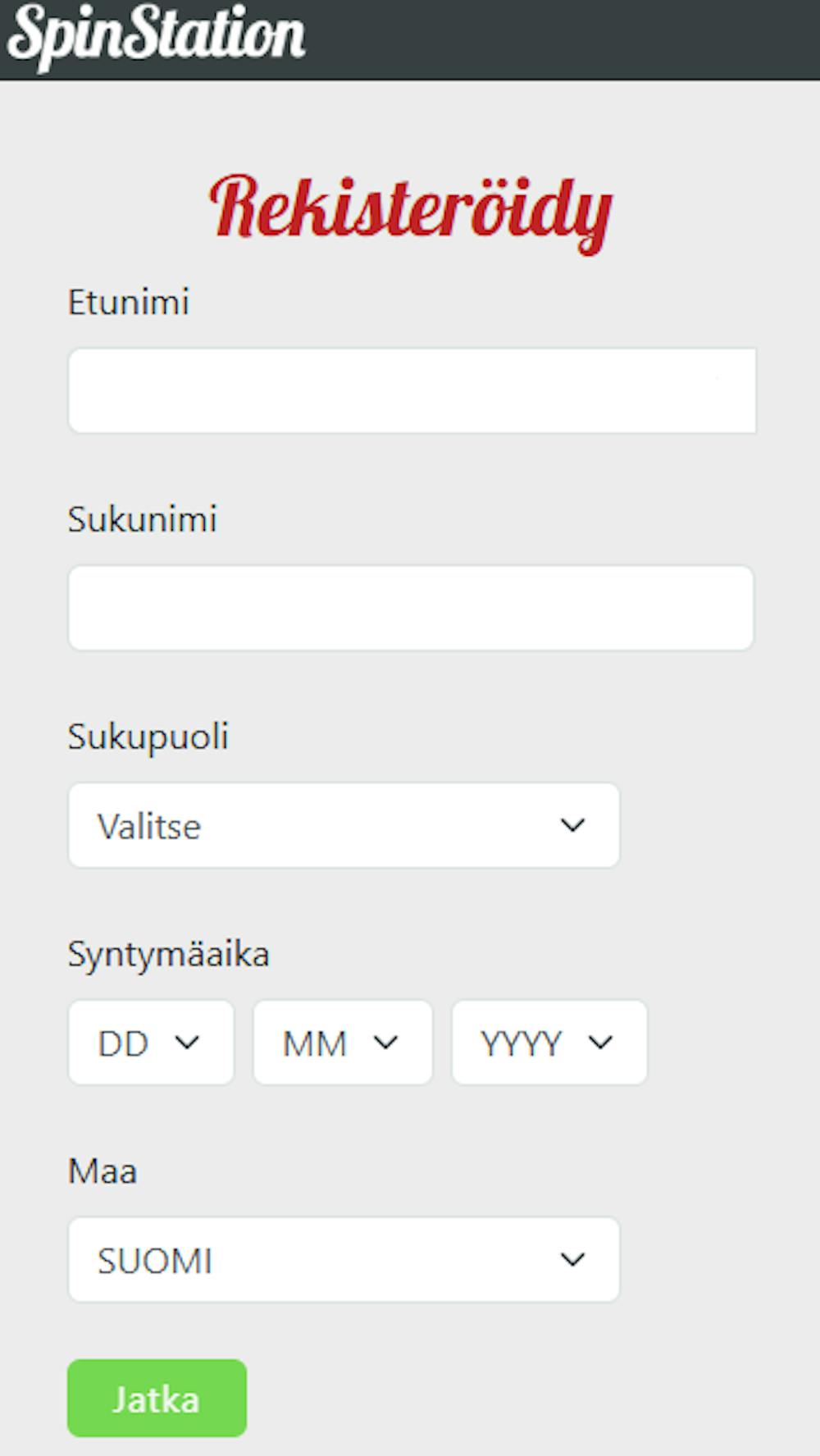 Spin Station kasinolle rekisteröidytään lomakkeella.