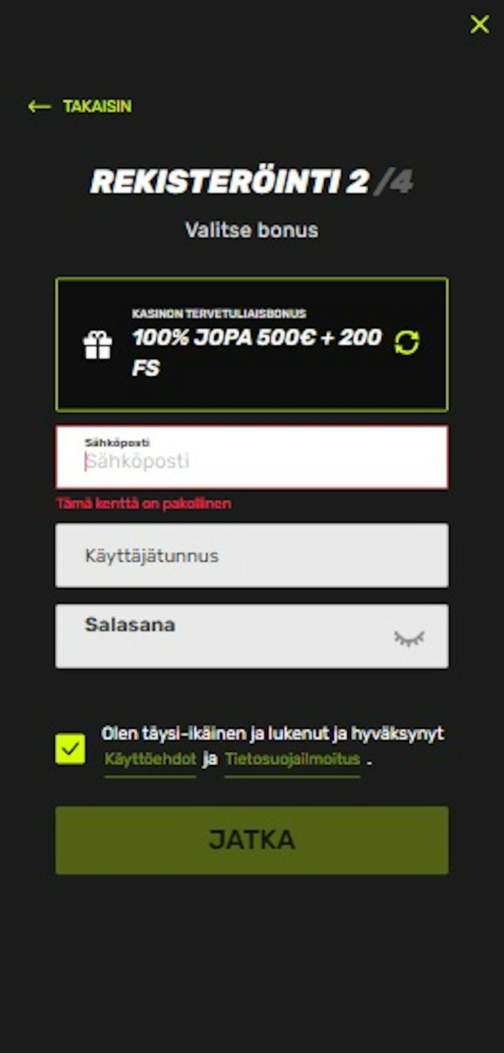 Sportuna Casinon rekisteröitymislomake.