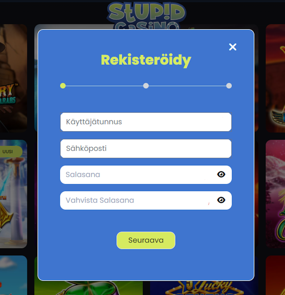 Rekisteröityminen Stupid Casinolle.
