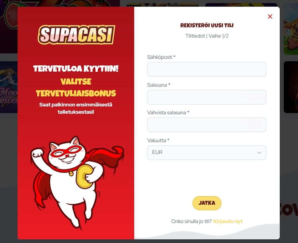 Rekisteröityminen Supacasi nettikasinolle.