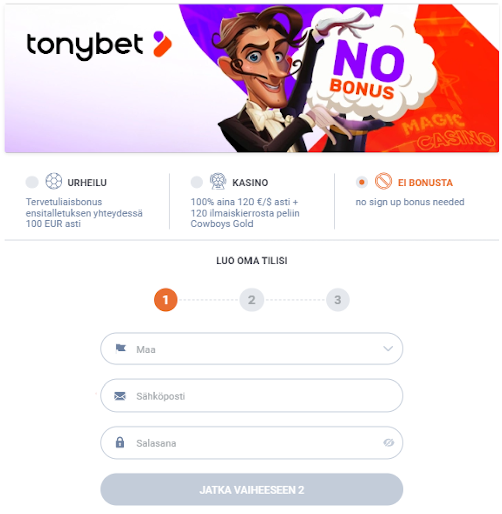 Rekisteröityminen Tonybet kasinolle.