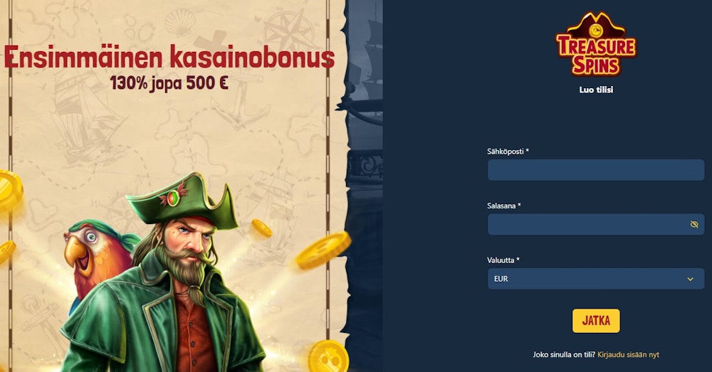 Pelitilin avaus Treasurespins nettikasinolle.