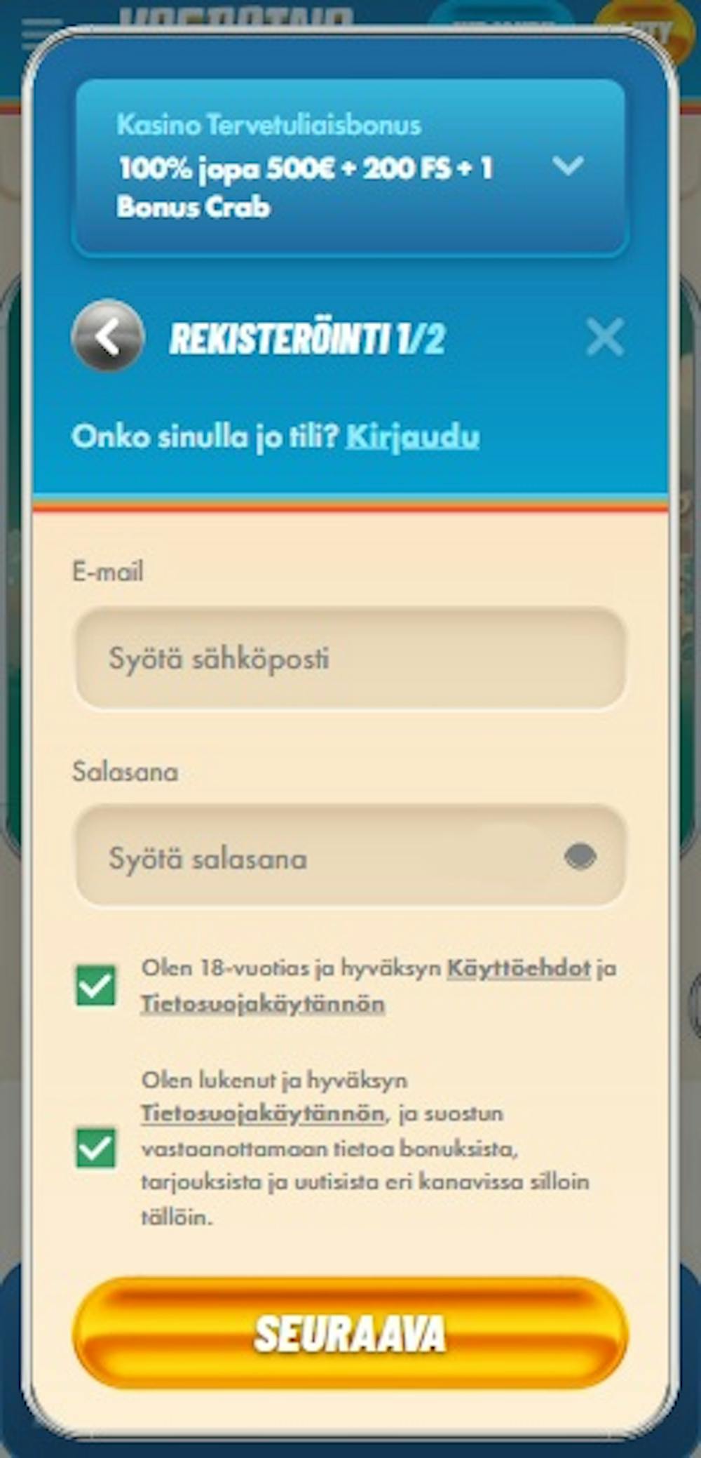 Vegasinon rekisteröitymislomakkeeseen täytetään ensiksi sähköposti ja salasana.