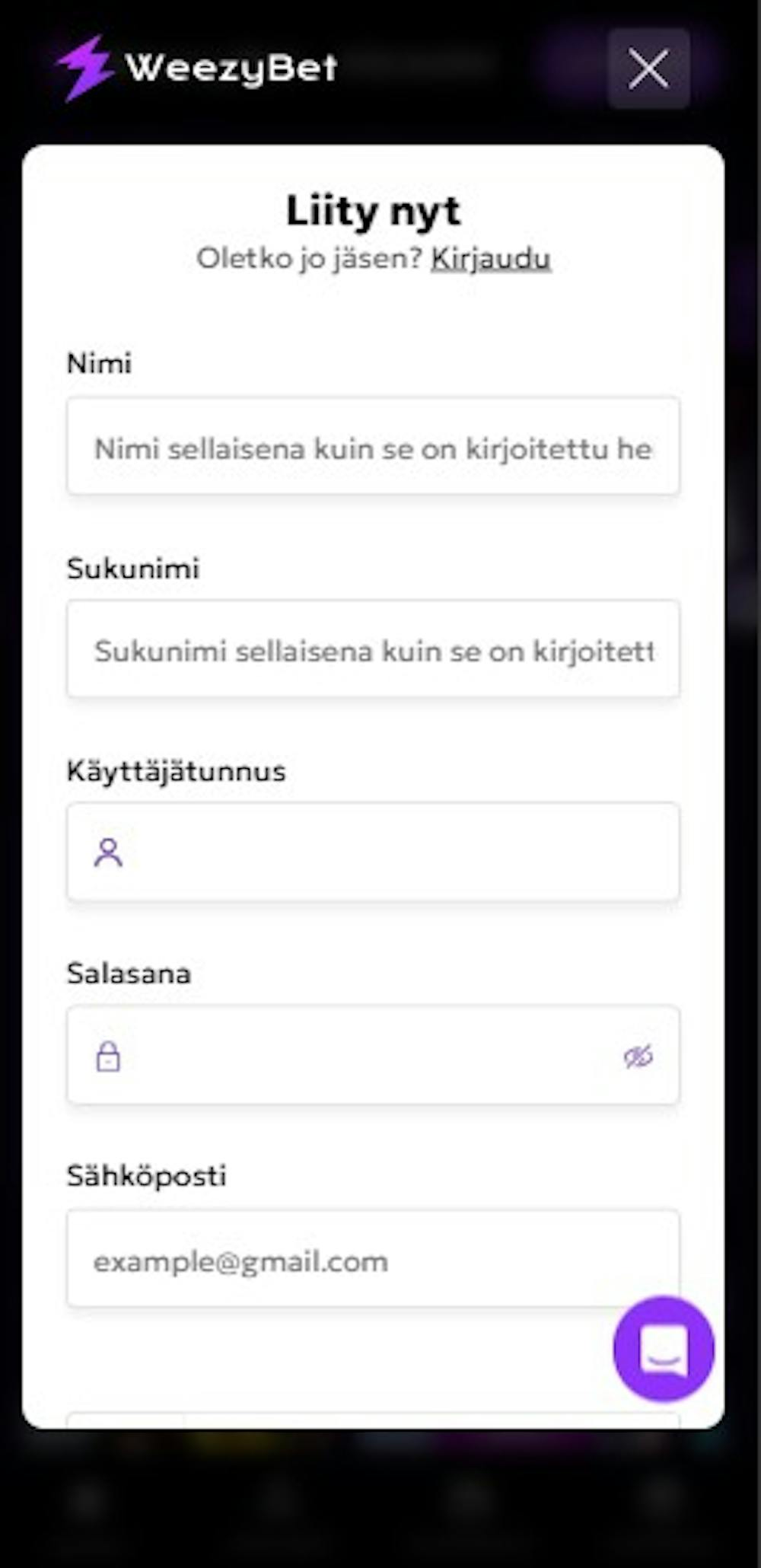 Weezybet kasinon rekisteröitymislomake.