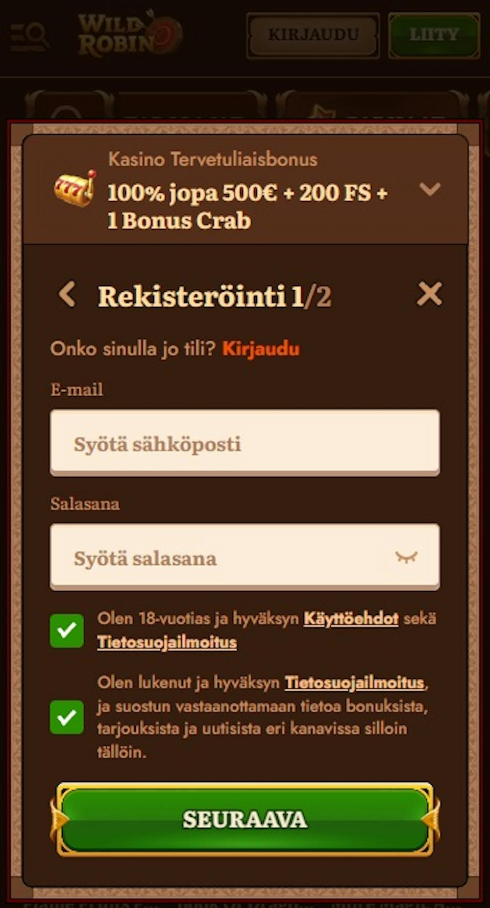 Pelitili Wild Robin kasinolle avataan täyttämällä rekisteröitymislomake.