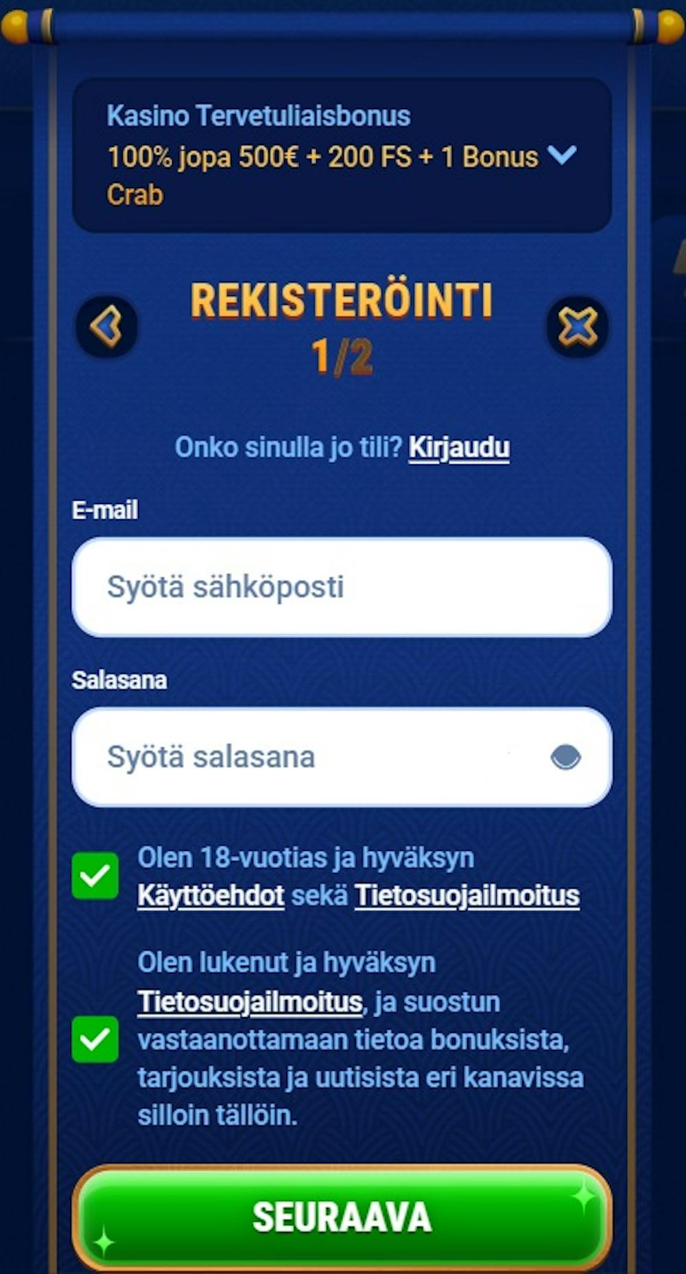 Wingaga Casinolle rekisteröidytään täyttämällä lomake.