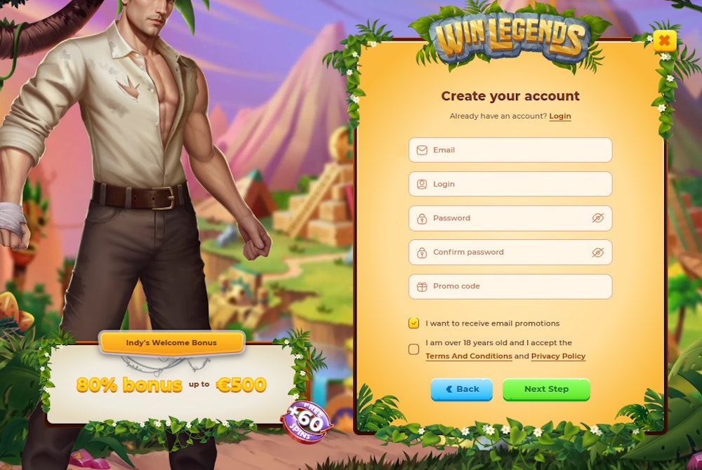 Rekisteröityminen Winlegends kasinolle.