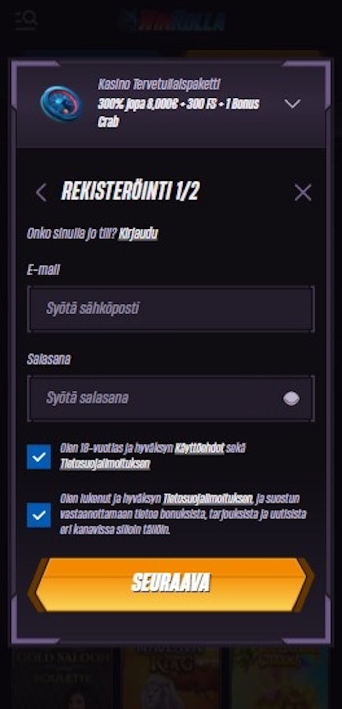 Winrolla kasinon rekisteröitymislomake.