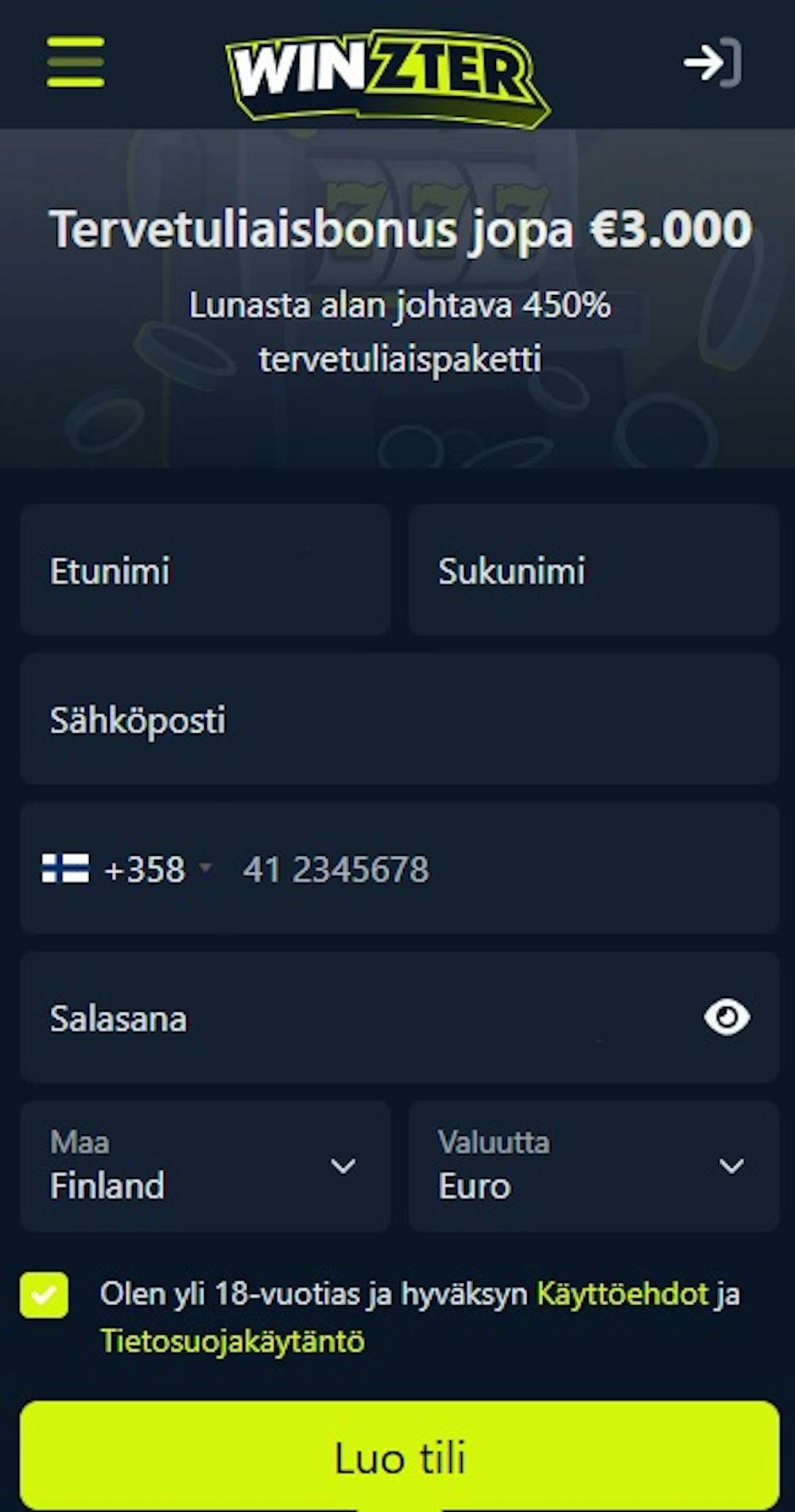 Winzter kasinolle avataan pelitili täyttämällä rekisteröitymislomake.