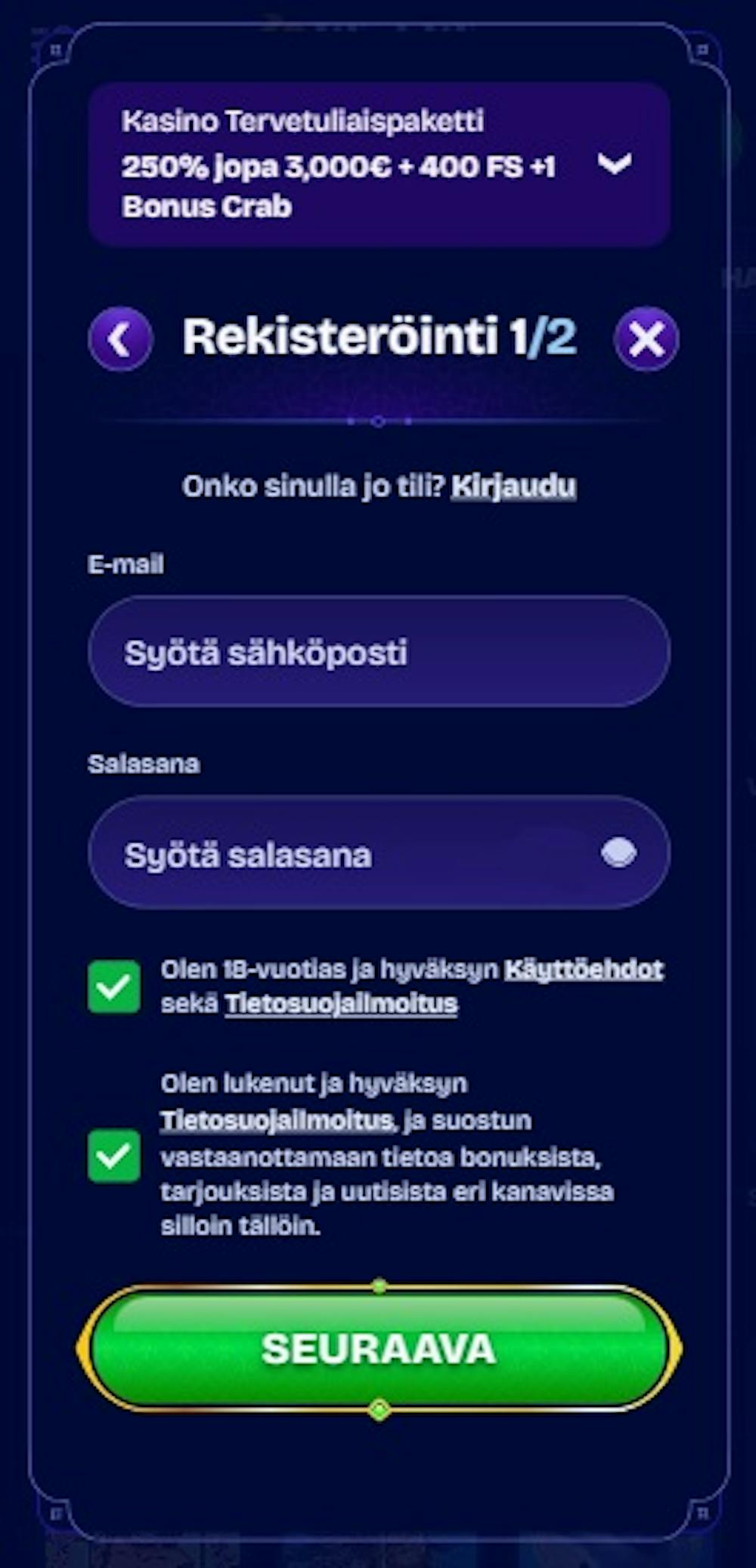 WishWin Casinon rekisteröitymislomake.