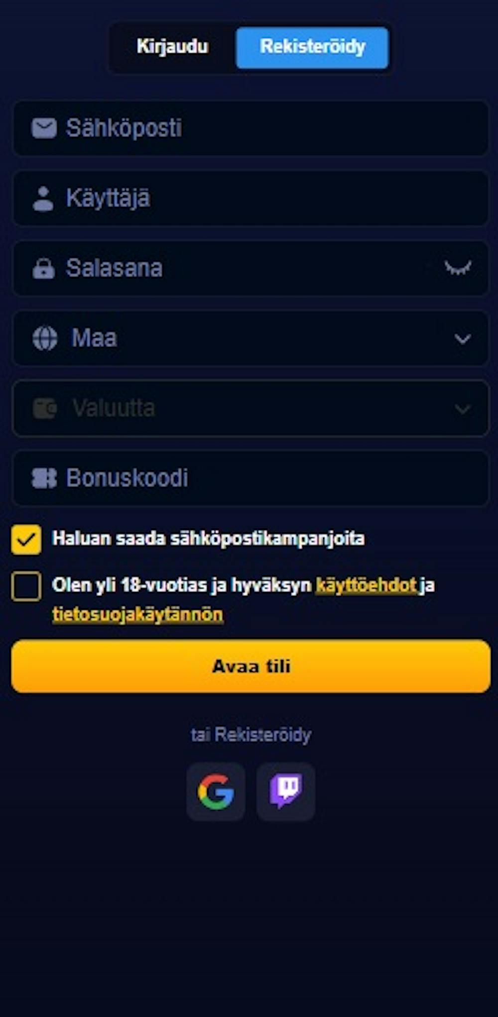 Rio Ace kasinon rekisteröitymislomake.