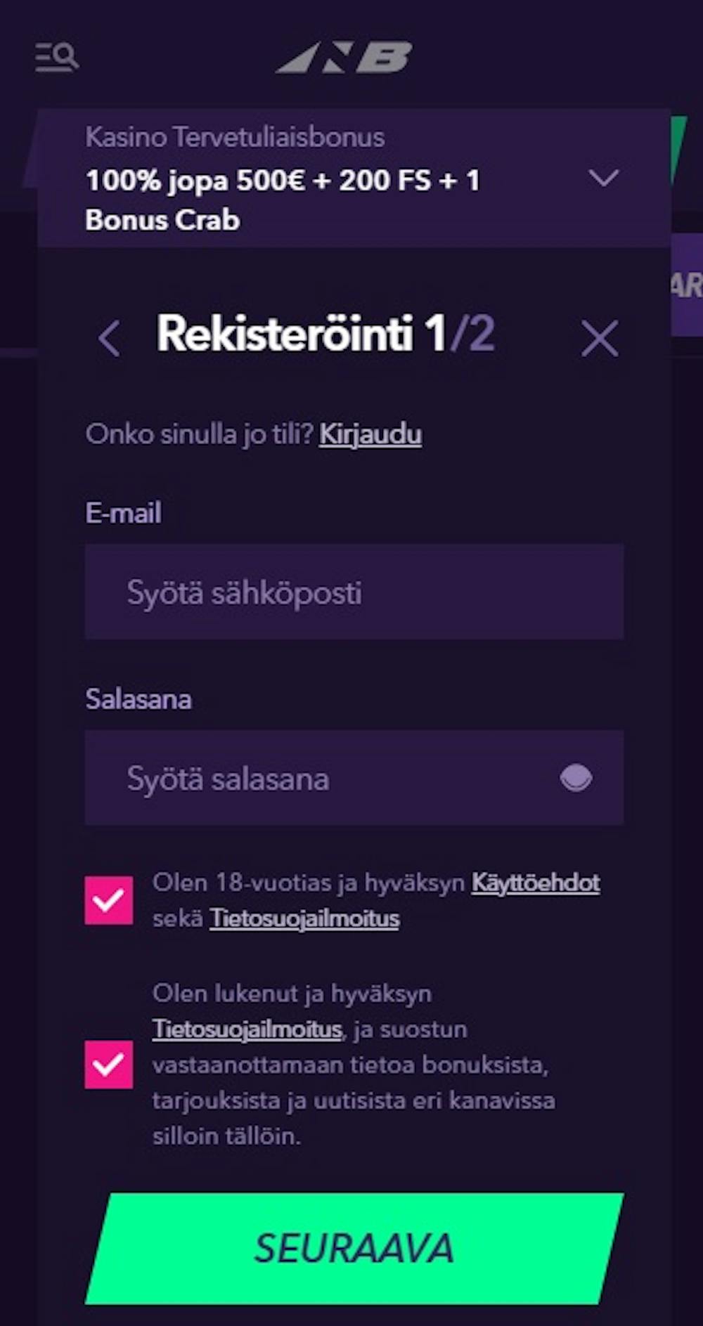 Pelitili Naobet Casinolle avataan täyttämällä ensin rekisteröitymislomake.