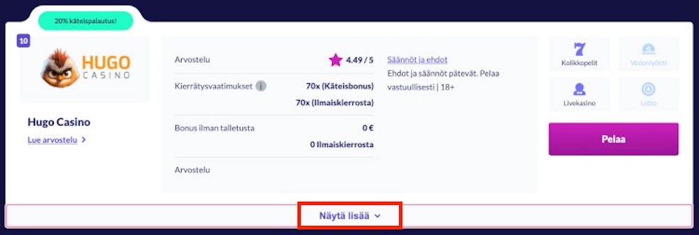 Hugo Casino arvostelu Uusimmatkasinot-listalla - kuvakaappaus kasinolistalta ja Hugo Casino arvostelu