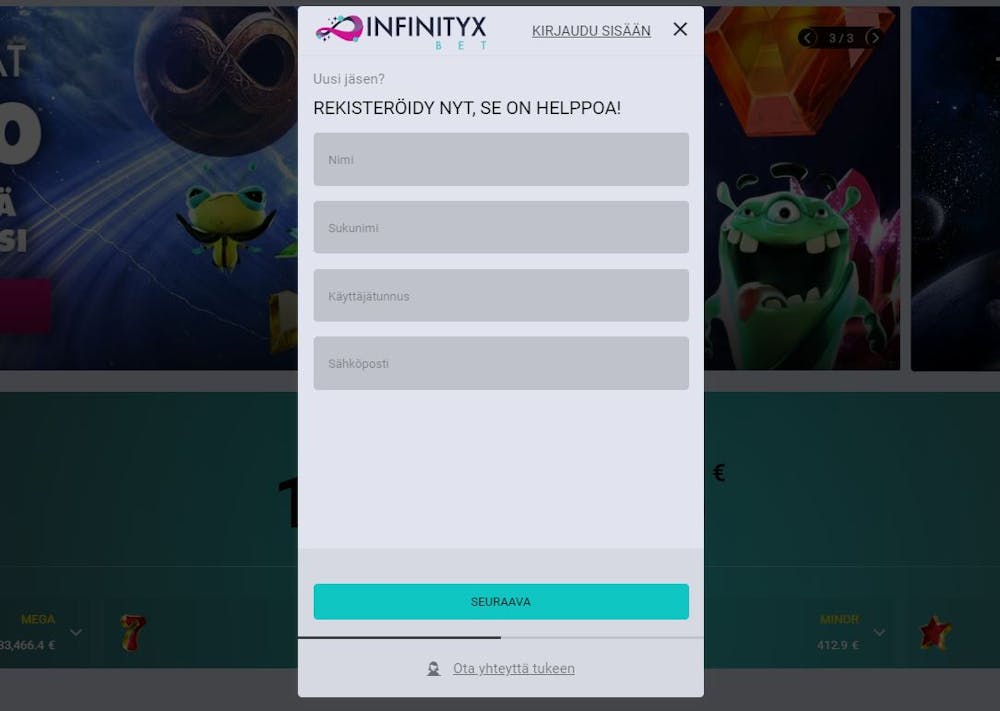 infinityx rekisteröintisivu