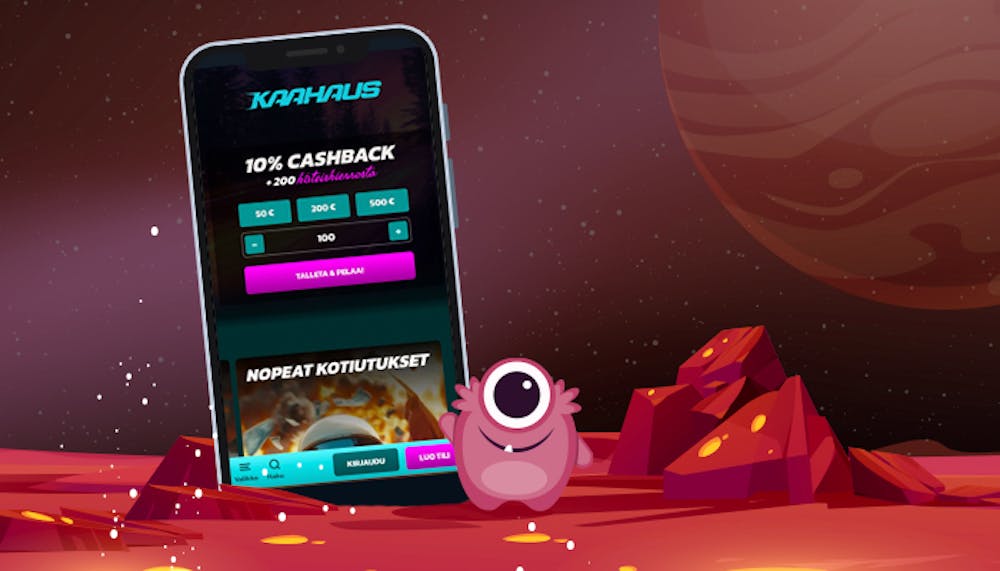 Suomi kasinot - Tuohi Casinon avaruusteemainen mobiilinäkymä, kolme talletusvaihtoehtoa ja leijuva astronauttihahmo