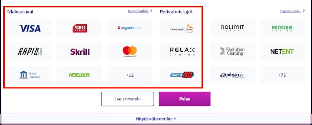 Maksutavat kasinolla ilman pankkitunnuksia - kuvassa kasinoarvostelu laajennettuna, jolloin maksutavat näkyvät