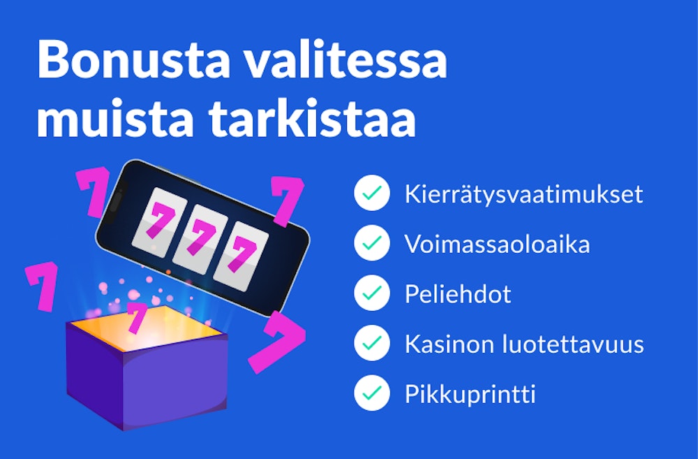 Muistilista, mitä tarkistaa kasinobonusta valitessa.