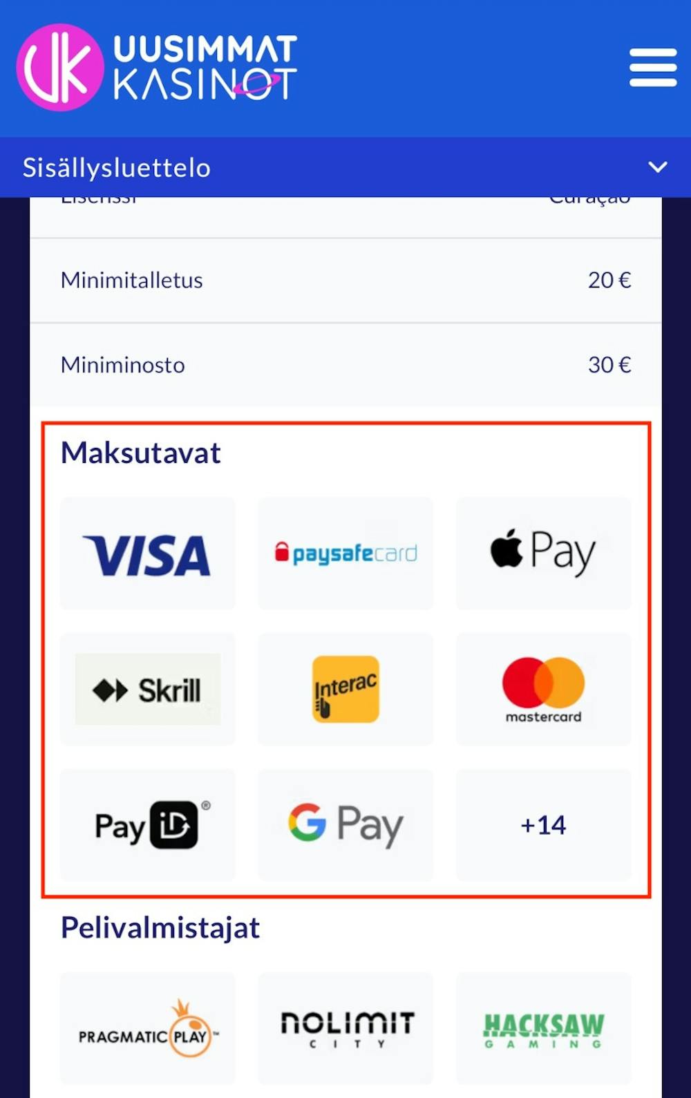 Kasinon maksutavat listattuna Uusimmatkasinot-listalla