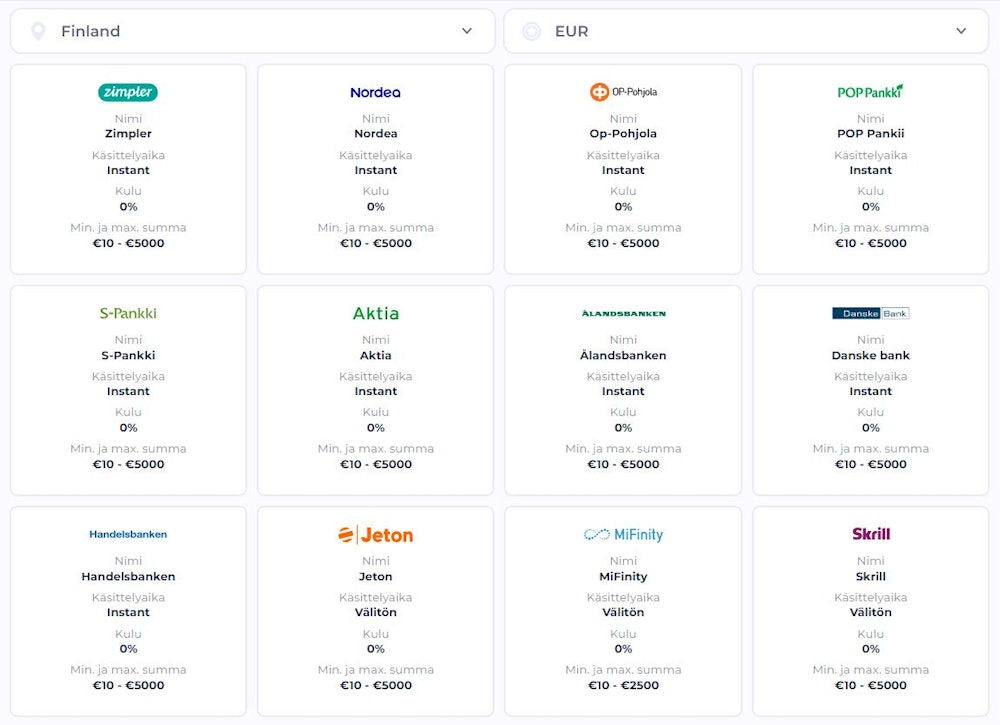 Light Casinon maksuvaihtoehdot