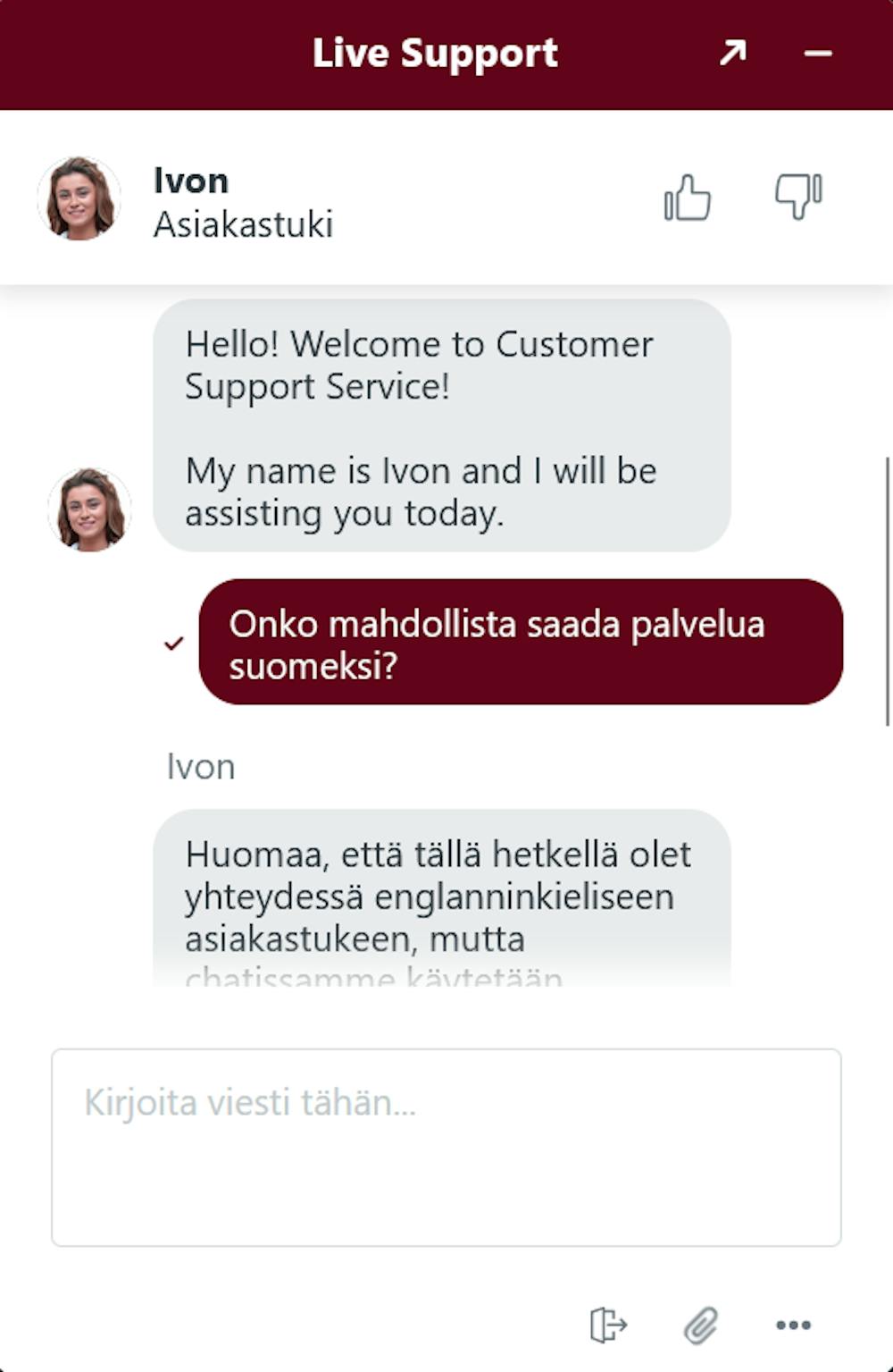 AllySpin kasinon asiakaspalvelun chattin palveli suomeksi käännöstyökalulla.