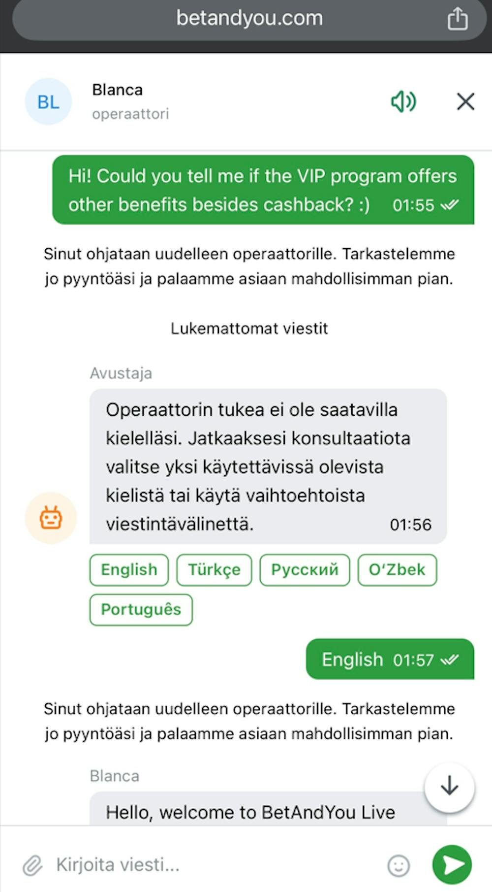 Bet And You kasinon asiakastuki palveli nopeasti englannin kielellä.