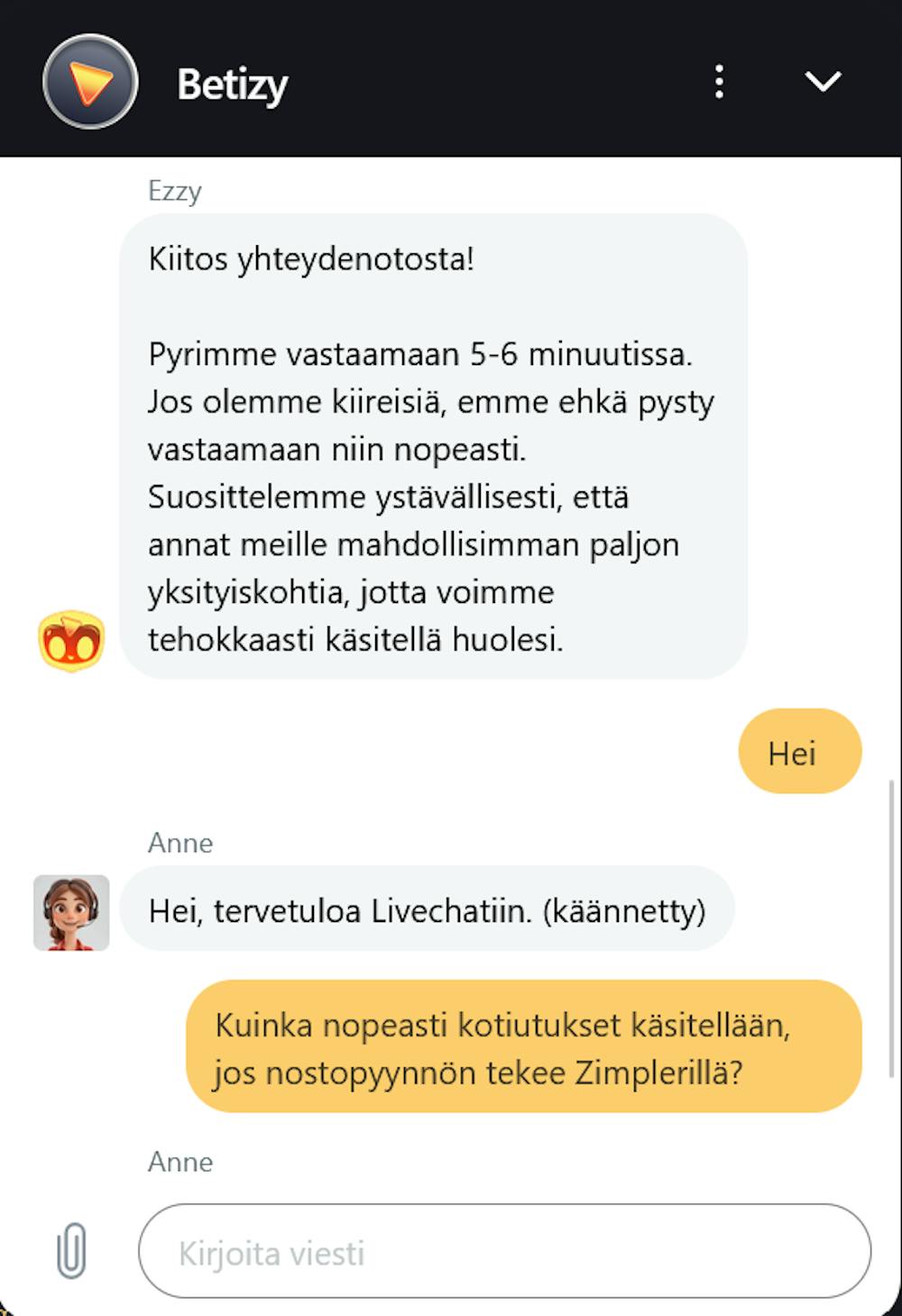 Betizy kasinon asiakaspalvelu vastasi chatissa suomeksi käännöstyökalun avulla.