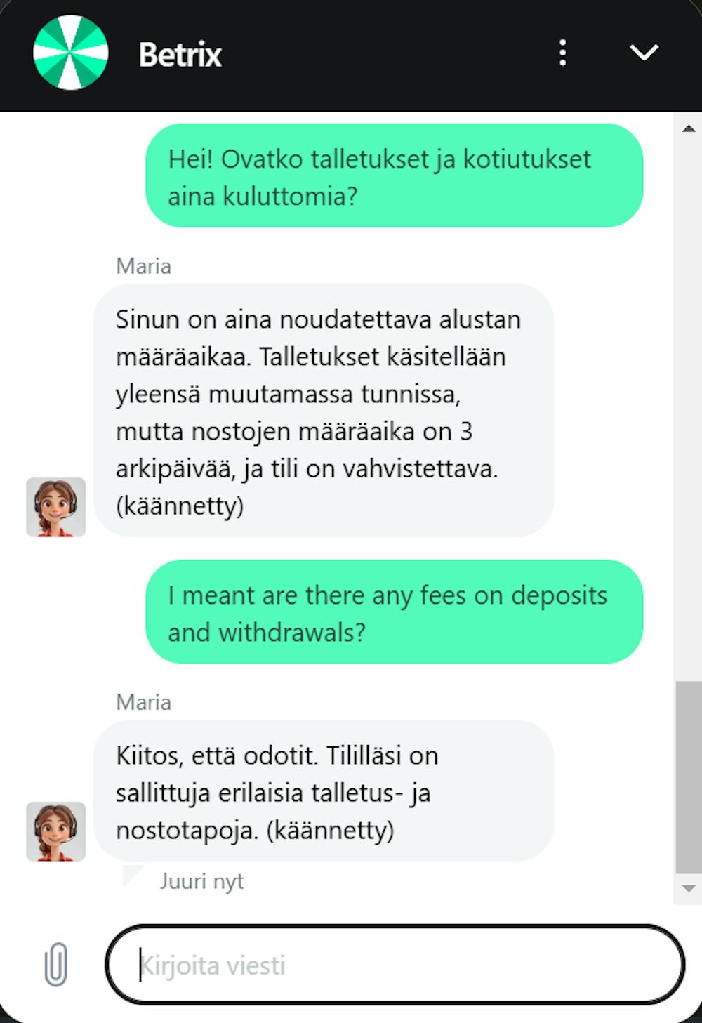 Betrix casinon asiakaspalvelun chatti.