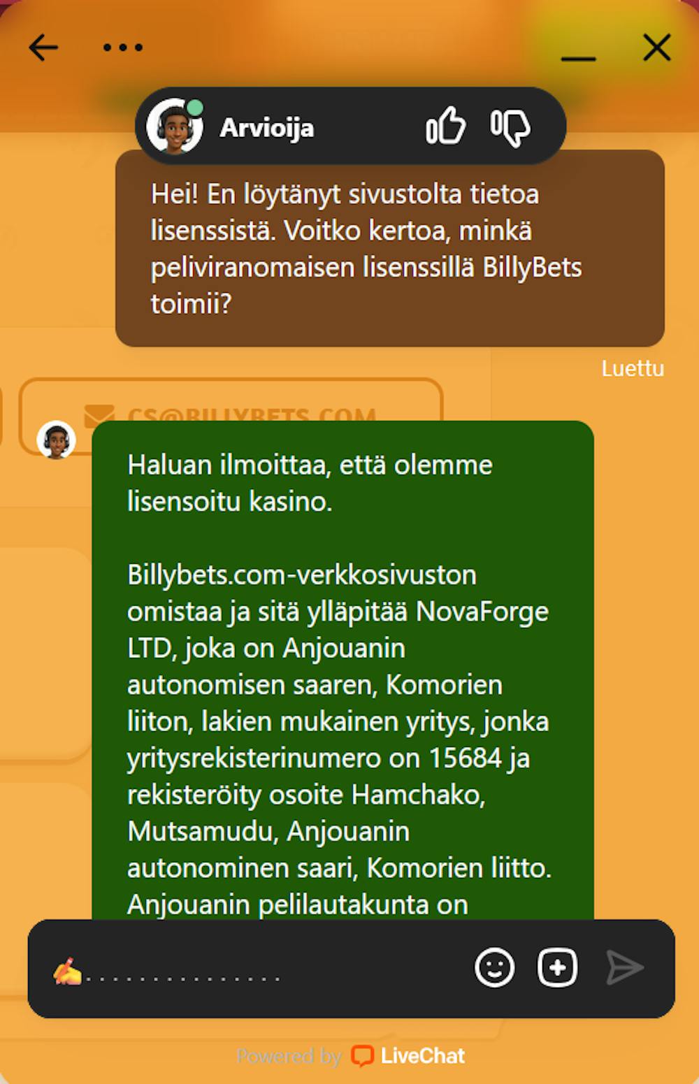 Billybets kasinon asiakaspalvelu palveli suomeksi.