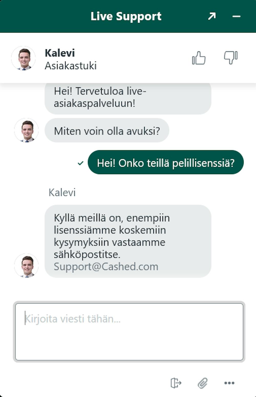 Cashed Casinon live chatissa palveltiin suomeksi.