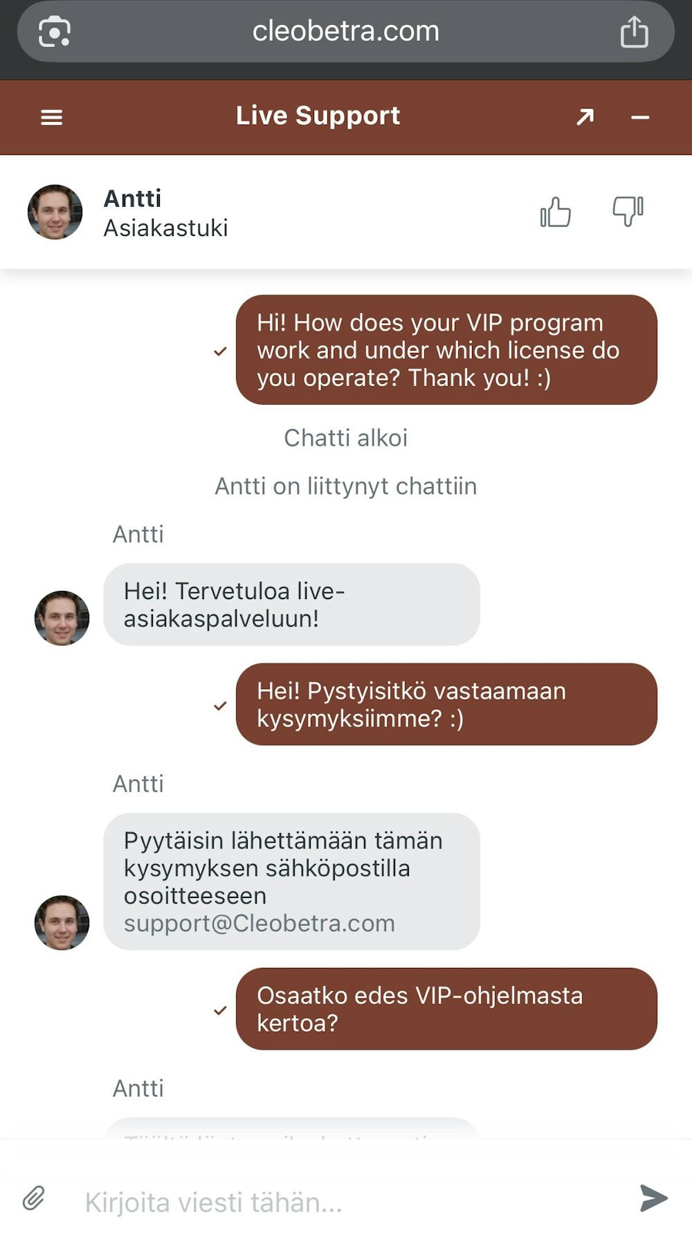 Cleobetra Casinon asiakaspalvelu vastaili kysymyksiin suomeksi.