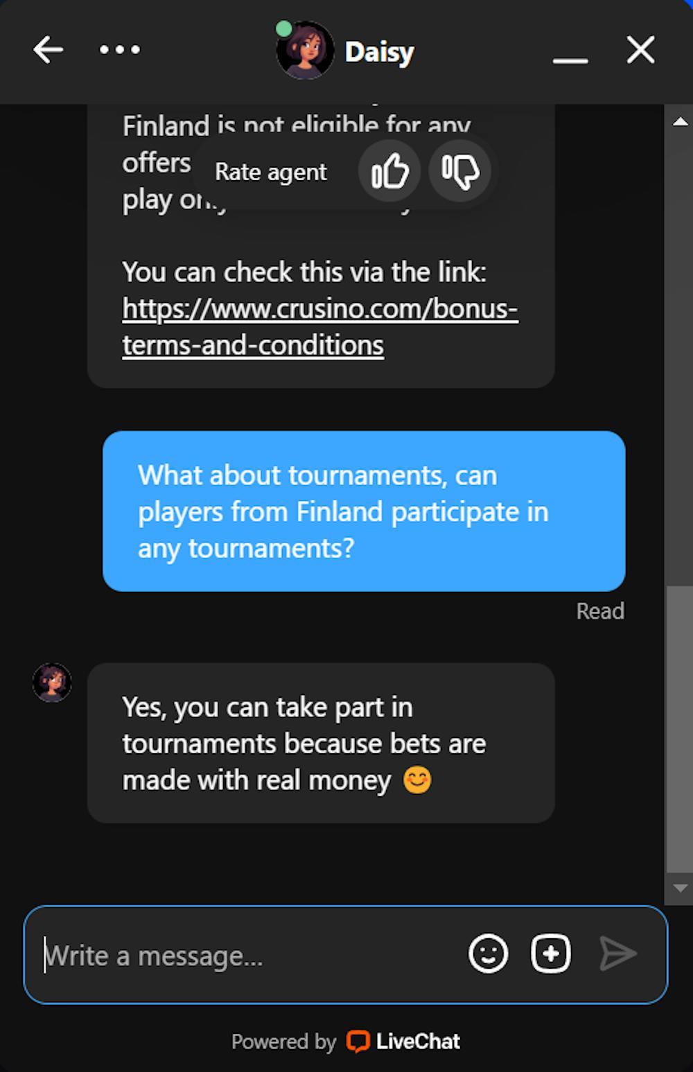 Crusino Casinon live chat palveli englanniksi.