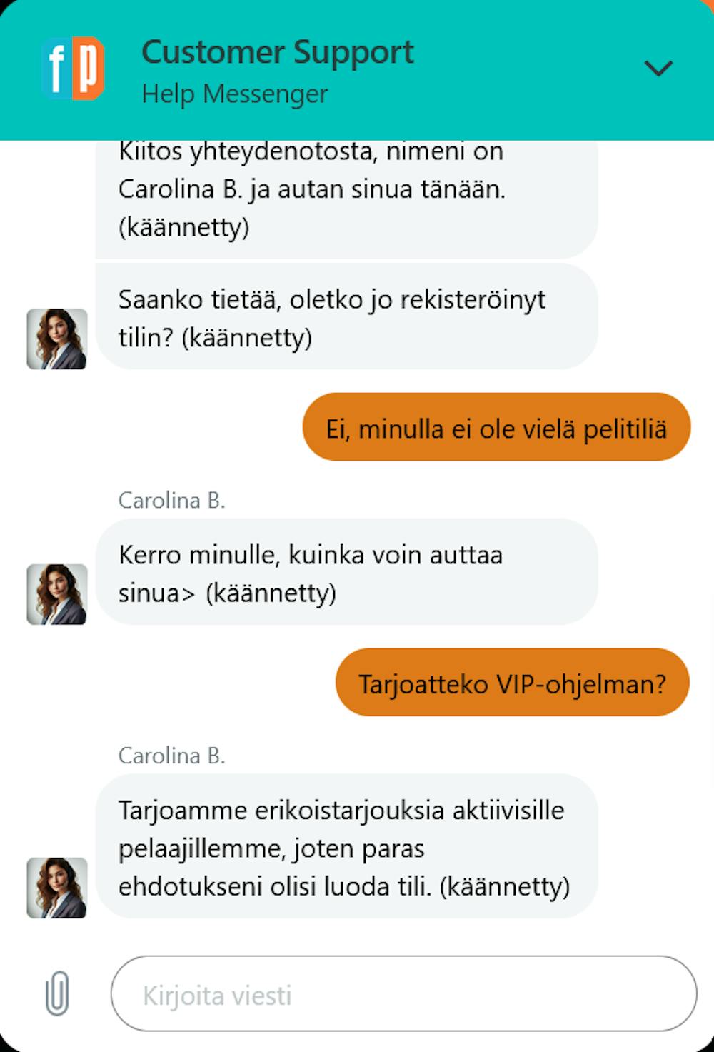 FestivalPlayn asiakaspalvelun chatti vastasi testihetkellä suomeksi.