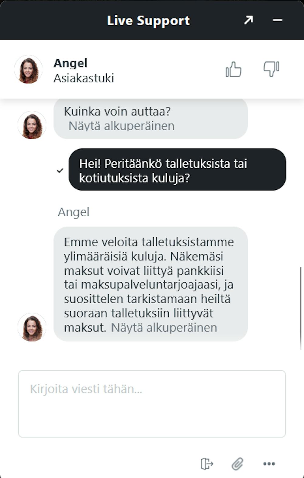 Gransino kasinon chatissa palveltiin käännöstyökalun avulla.