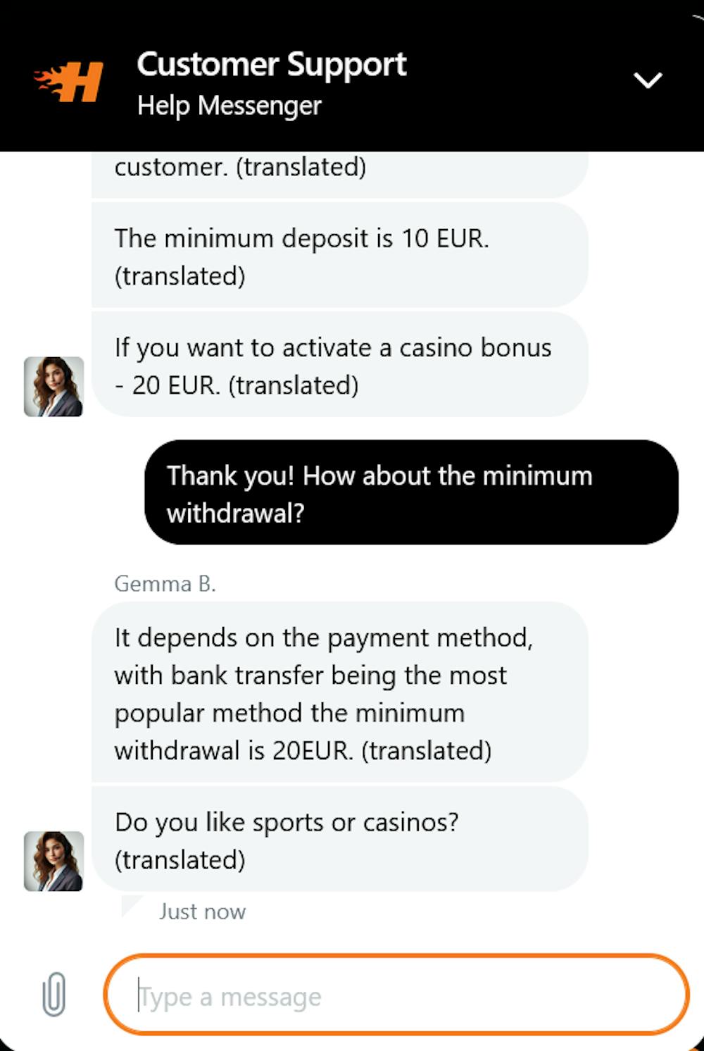 Hotbetin chatissa palveltiin englanniksi.