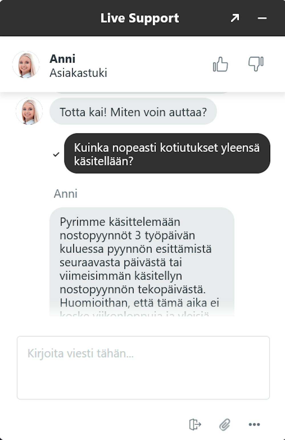 JackpotFrenzy kasinon asiakastuen chatti palveli suomen kielellä.