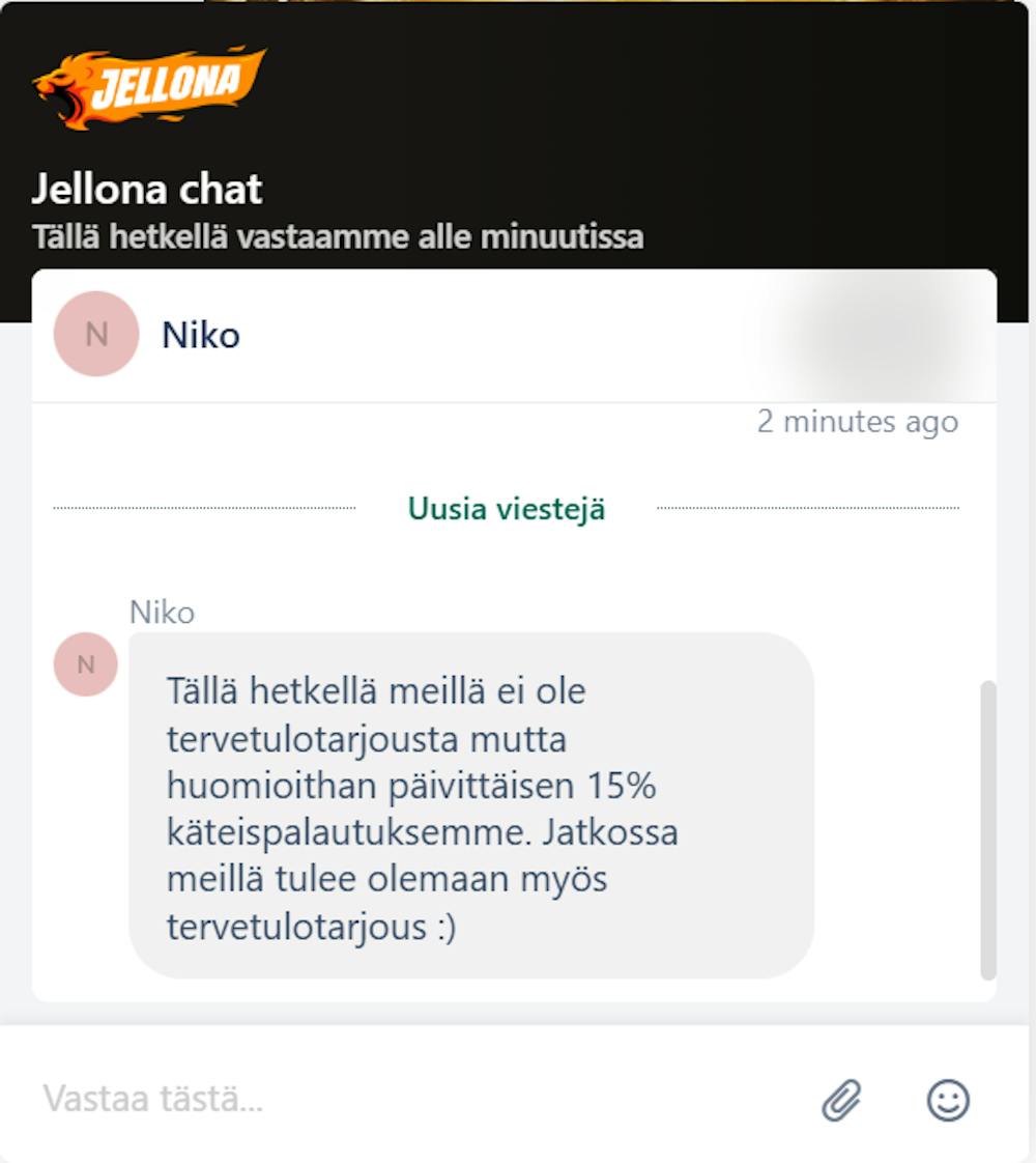 Jellona kasinon chatissa vastattiin suomeksi.