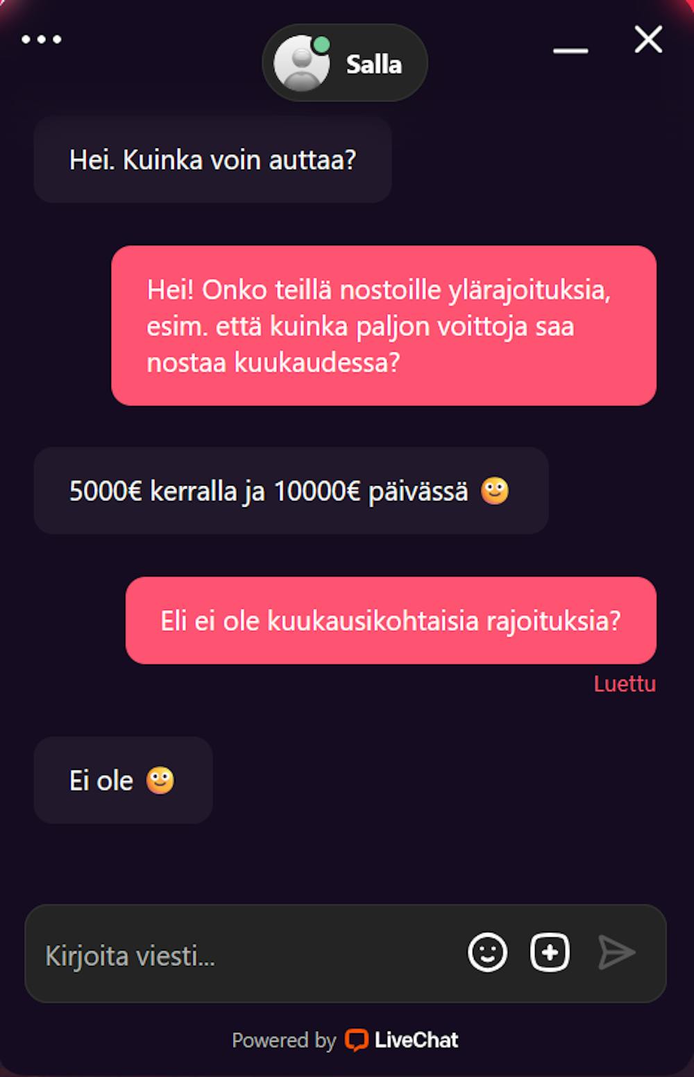 Jokeri kasinon chatissa palvellaan suomeksi.