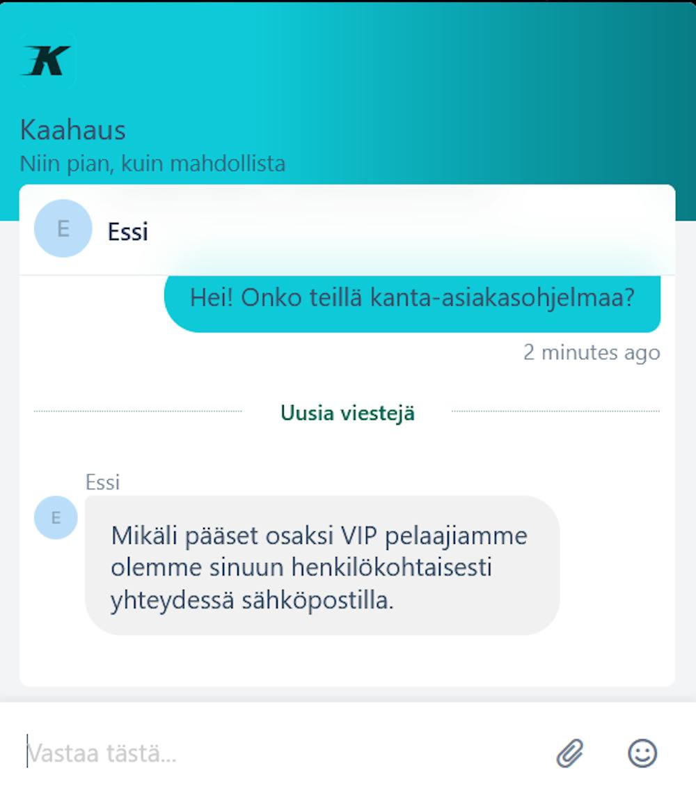 Kaahaus kasinon chatissa vastattiin suomeksi.