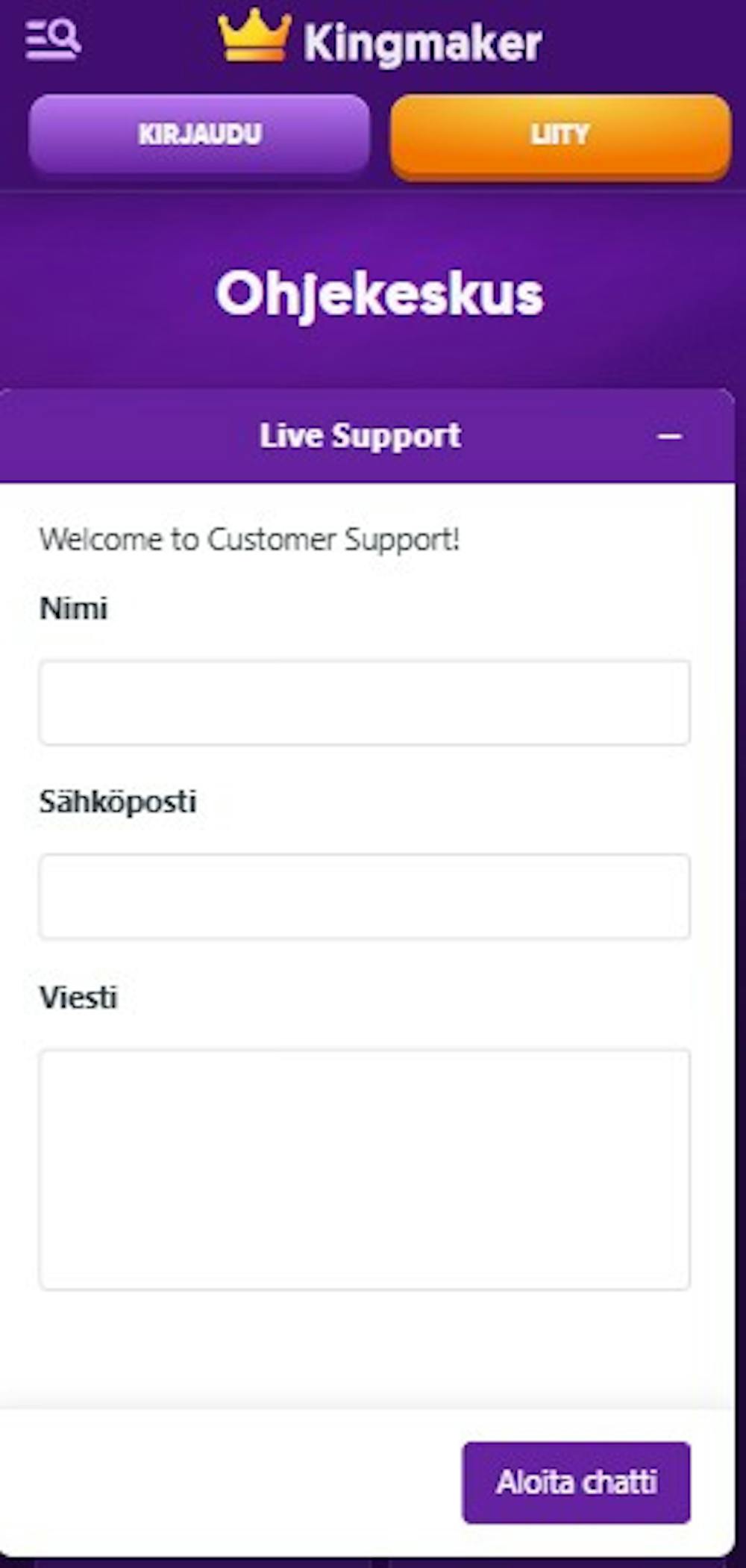 Kingmaker kasinon live-chat.