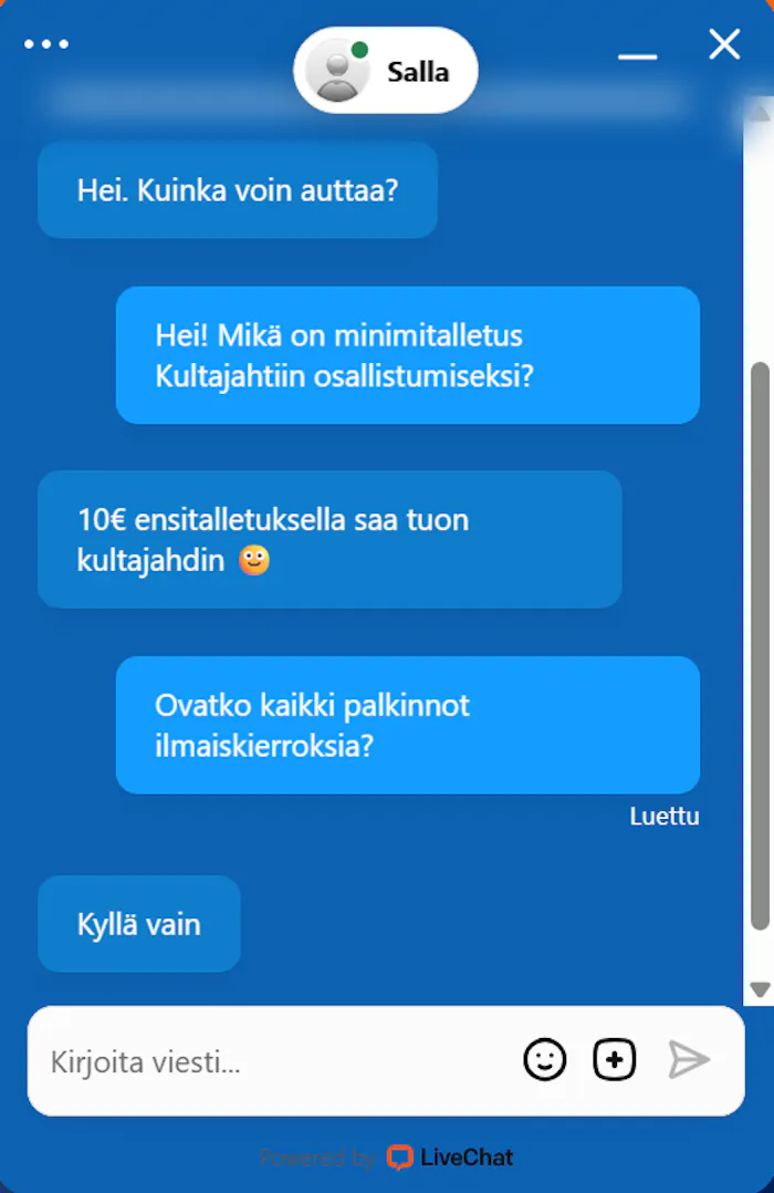 Lapland Casino palvelee livechatissa suomeksi.