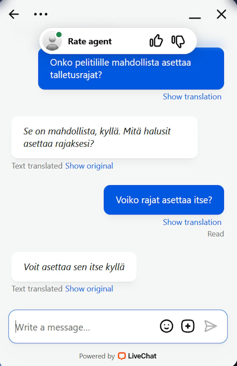 Lucky Friends asiakaspalvelun chatissa palveltiin suomeksi käännöstyökalulla.