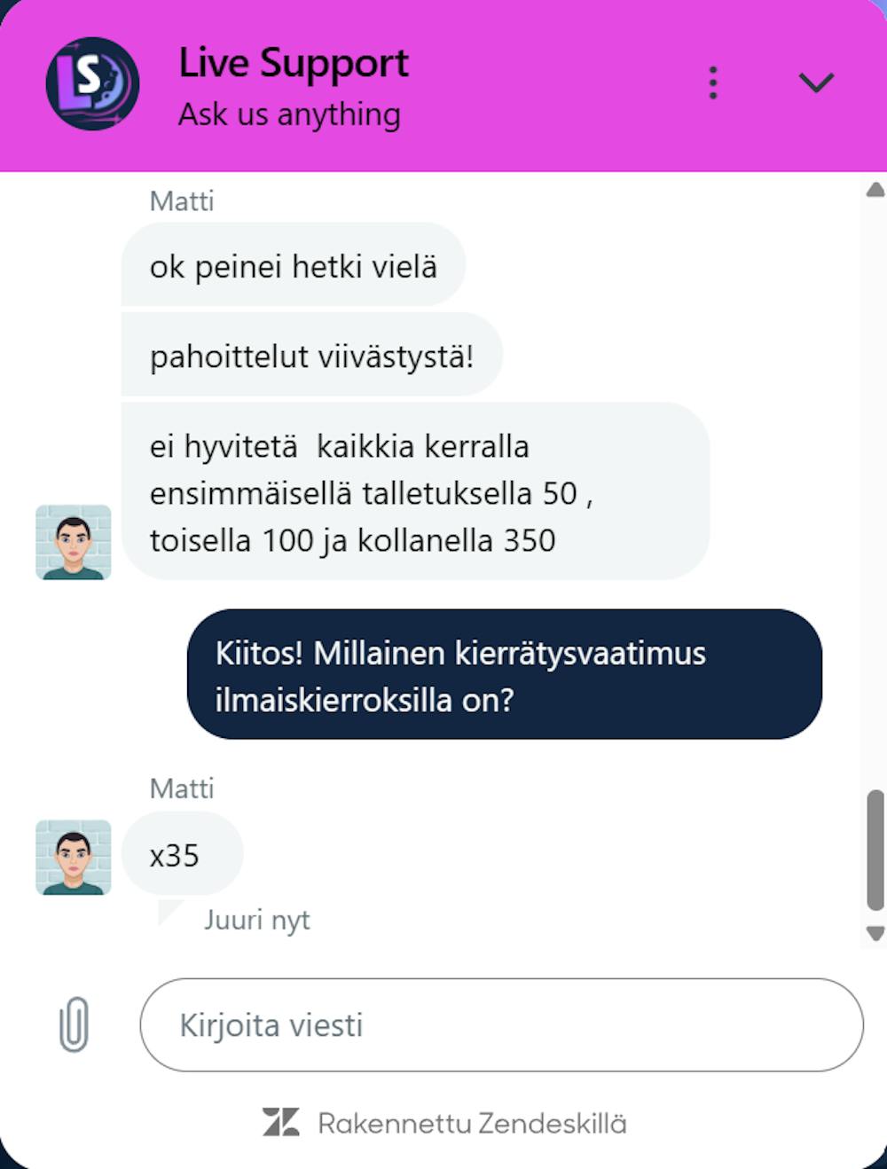 Lunar Spins Casinon chatti palveli suomeksi.