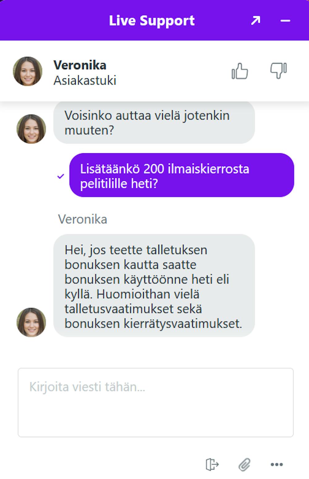 Midasluck kasinon chatissa vastattiin suomen kielellä.