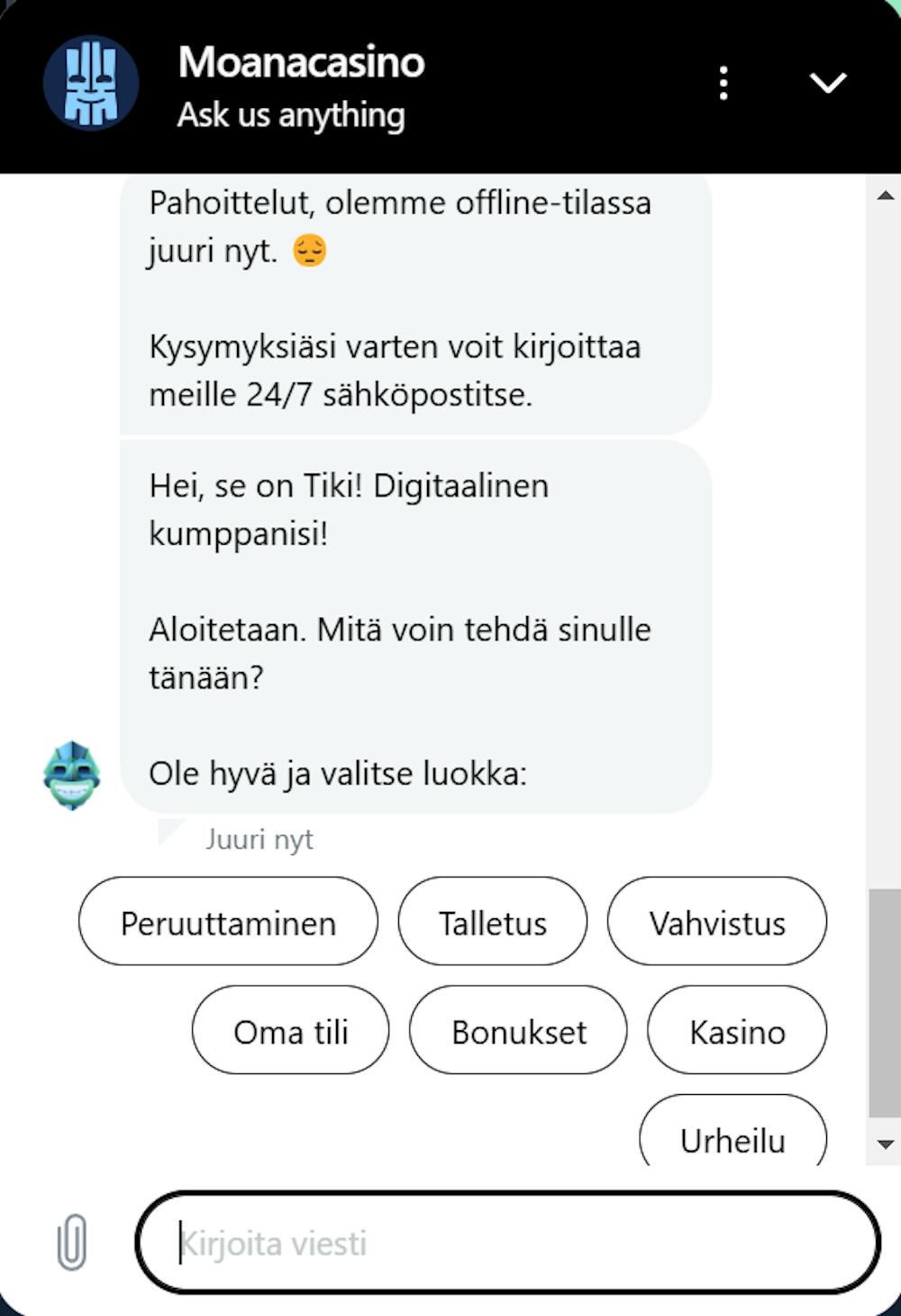 Moana Casinon chatti ei palvellut testihetkellä.