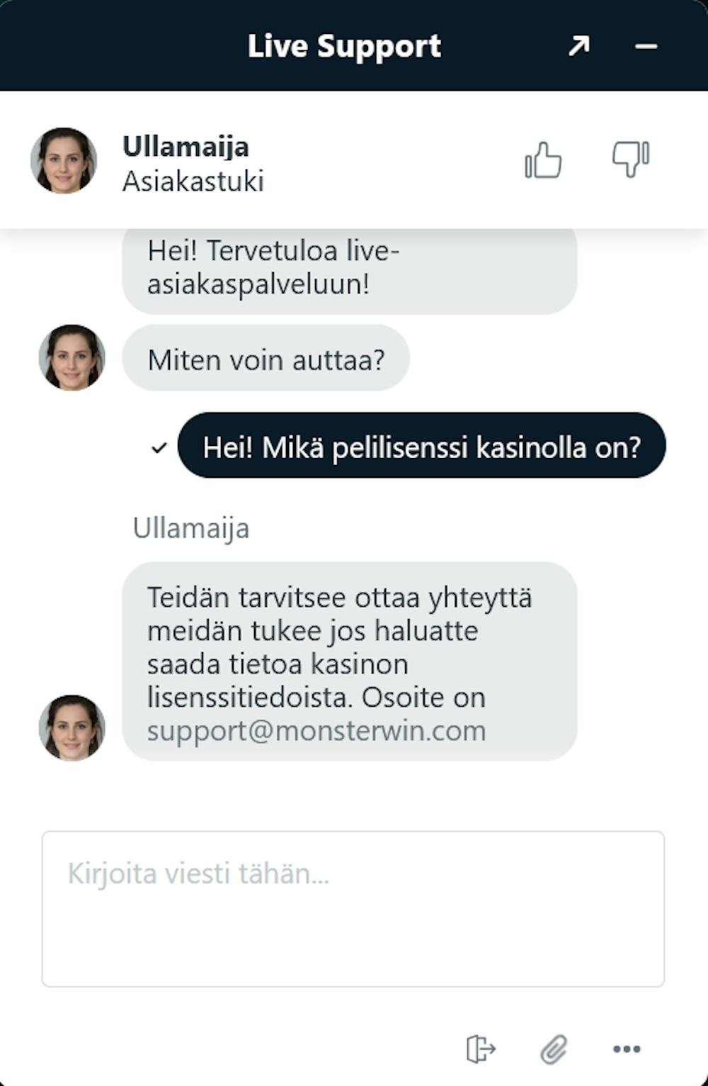 Monsterwin kasinon chatissa palveltiin suomen kielellä.
